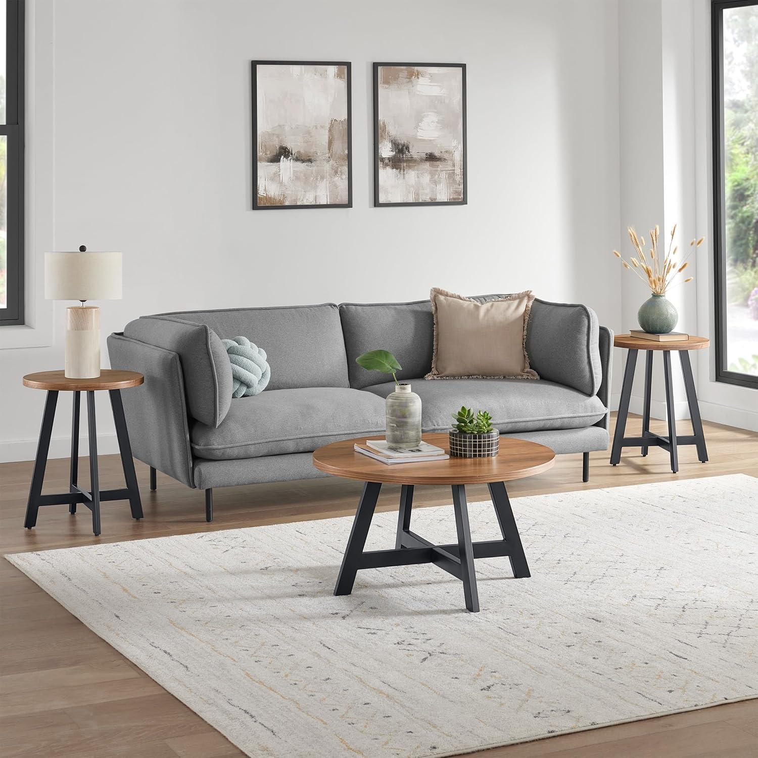 imageLavish Home 3Piece Coffee Table Set Industrial Modern Round Coffee Table and 2 Side Tables for Living Room Apartment or Dorm Room Walnut