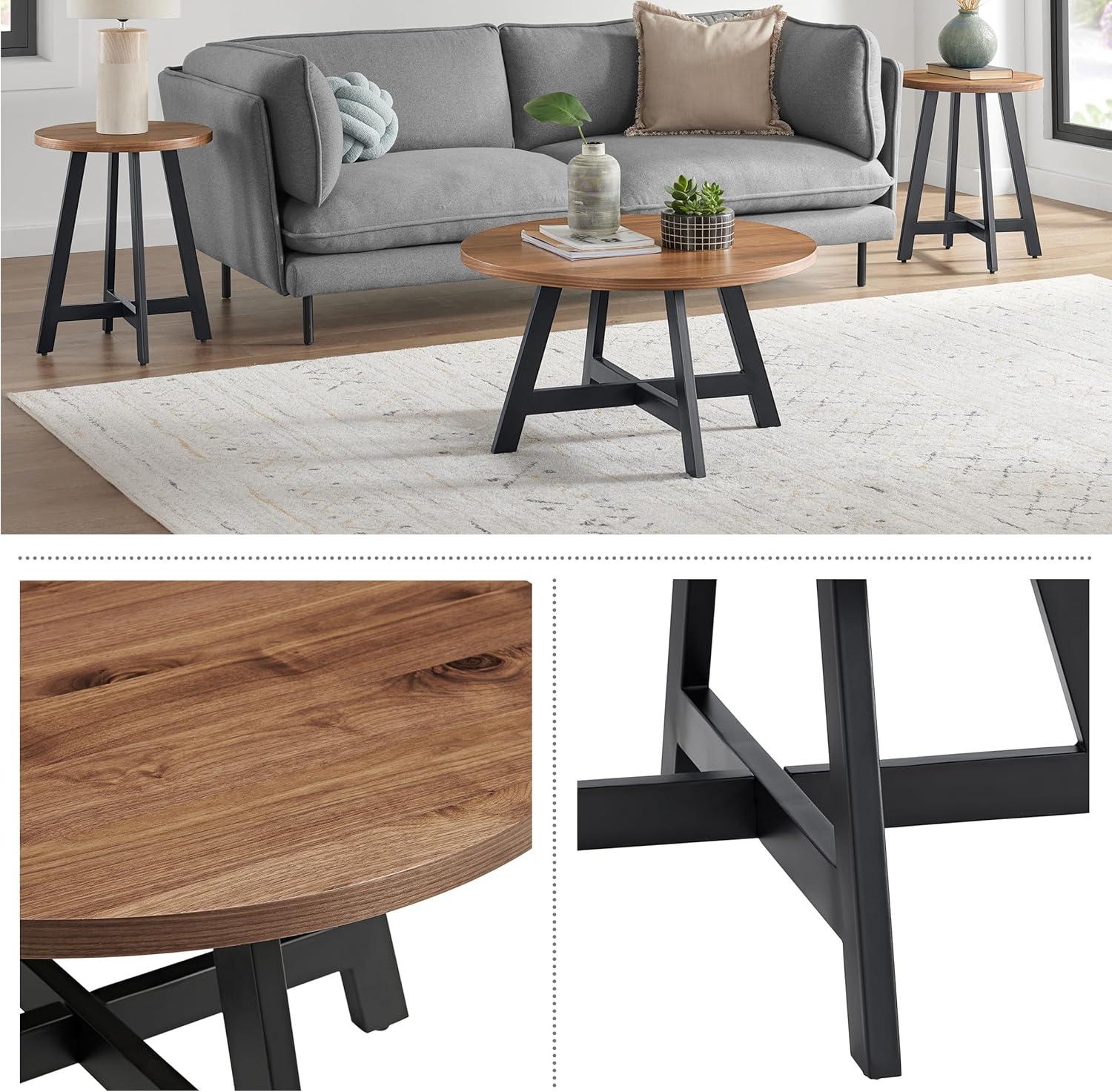 imageLavish Home 3Piece Coffee Table Set Industrial Modern Round Coffee Table and 2 Side Tables for Living Room Apartment or Dorm Room Walnut
