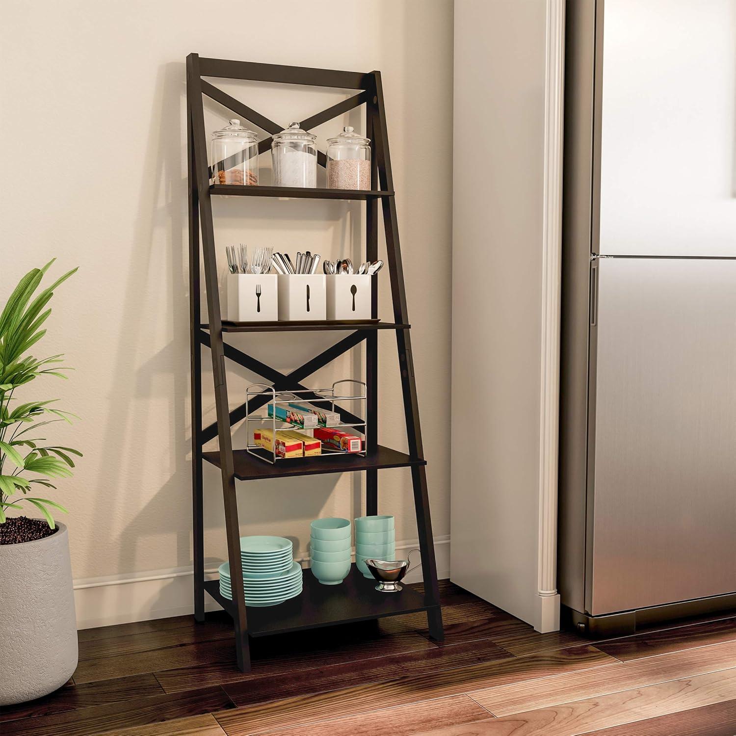 imageLavish Home 4Tier Ladder Bookshelf Freestanding Shelved Bookcase with XBack Frame and Leaning Look Display Shelves for Home or Office Black