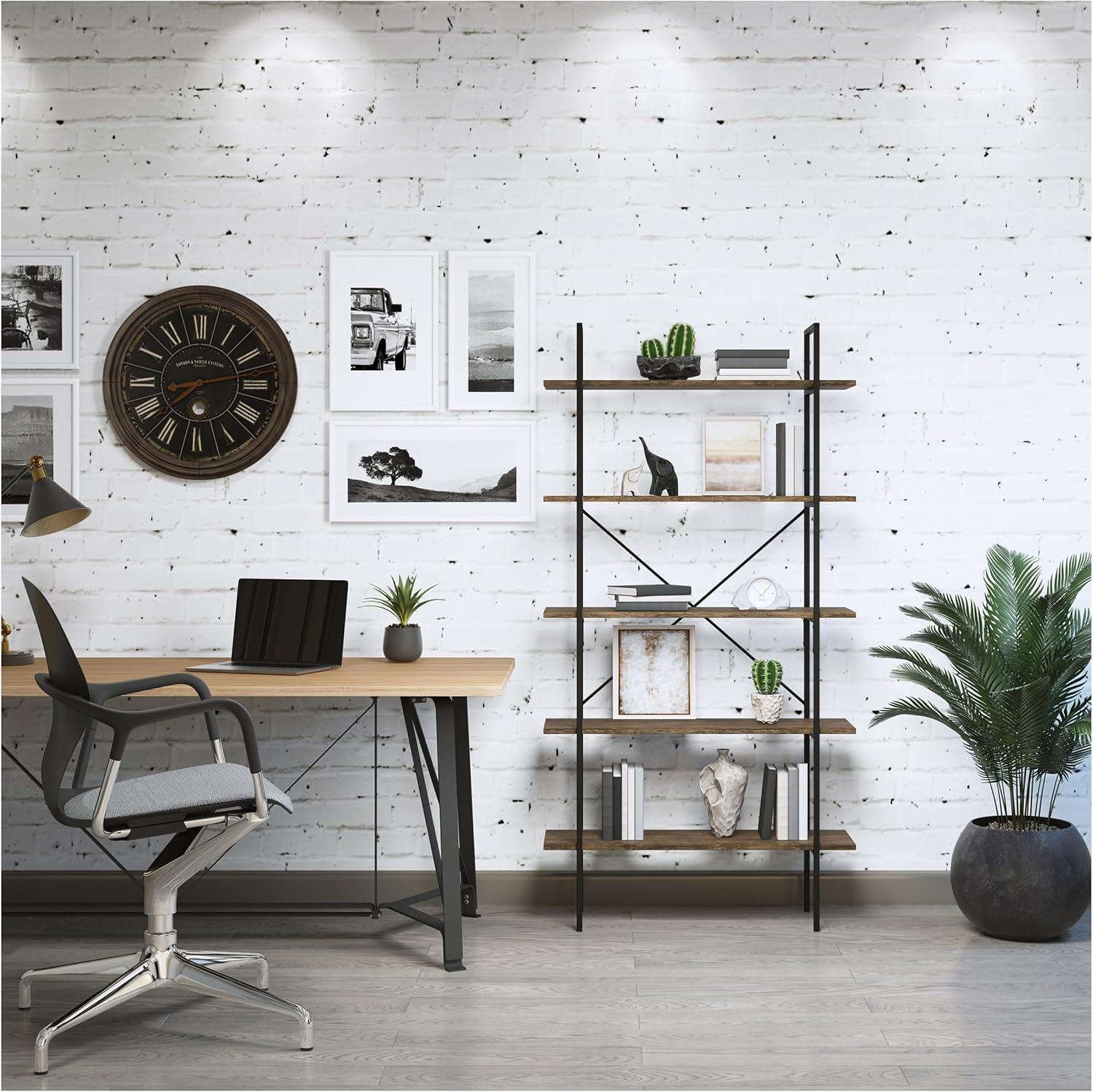 imageLavish Home 5Tier Bookshelf Open Industrial Style Etagere Wooden Shelving Freestanding Bookcase for Home or Office Brown WoodgrainSet of 2