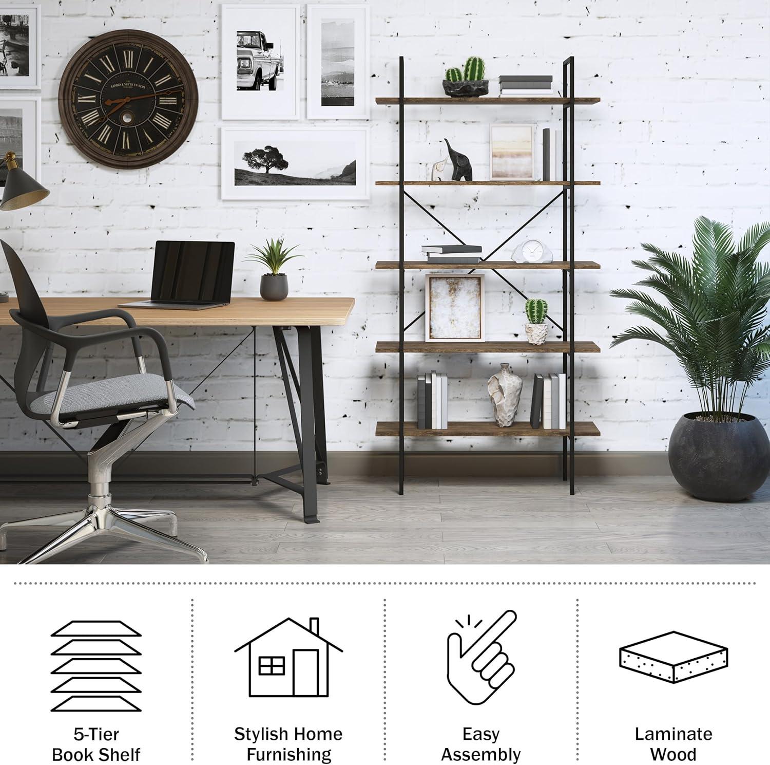 imageLavish Home 5Tier Bookshelf Open Industrial Style Etagere Wooden Shelving Freestanding Bookcase for Home or Office Brown WoodgrainSet of 2
