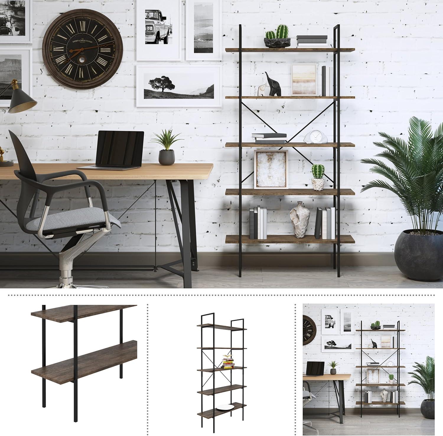 imageLavish Home 5Tier Bookshelf Open Industrial Style Etagere Wooden Shelving Freestanding Bookcase for Home or Office Brown WoodgrainSet of 2