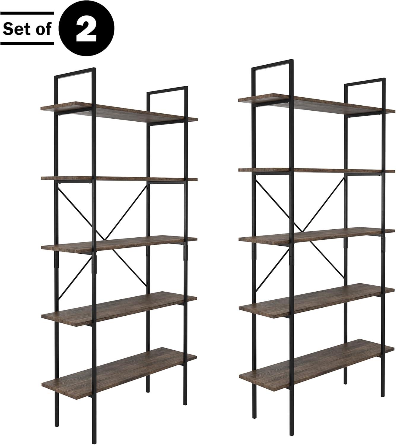 imageLavish Home 5Tier Bookshelf Open Industrial Style Etagere Wooden Shelving Freestanding Bookcase for Home or Office Brown WoodgrainSet of 2