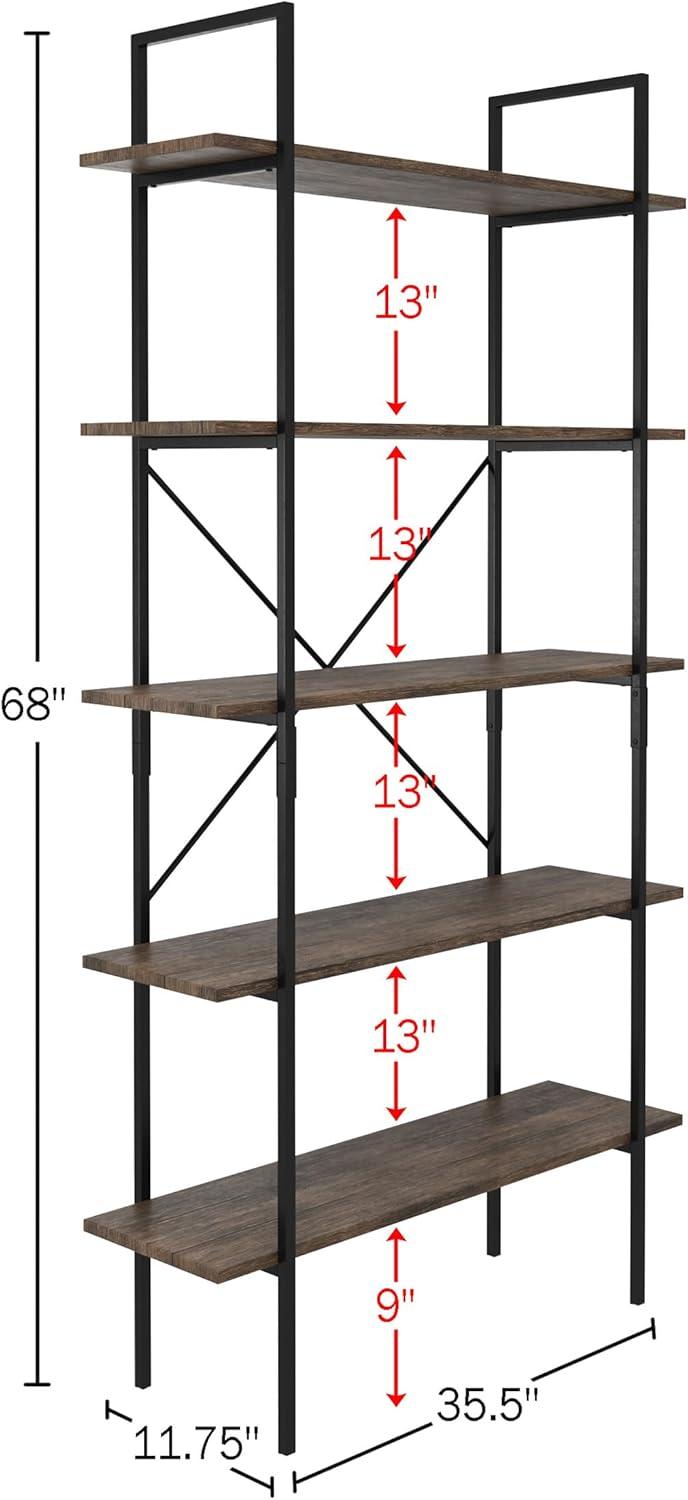imageLavish Home 5Tier Bookshelf Open Industrial Style Etagere Wooden Shelving Freestanding Bookcase for Home or Office Brown WoodgrainSet of 2
