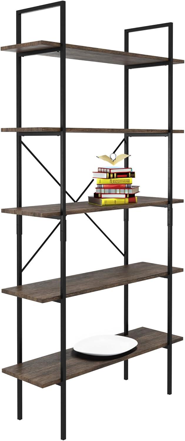 imageLavish Home 5Tier Bookshelf Open Industrial Style Etagere Wooden Shelving Freestanding Bookcase for Home or Office Brown WoodgrainSet of 2