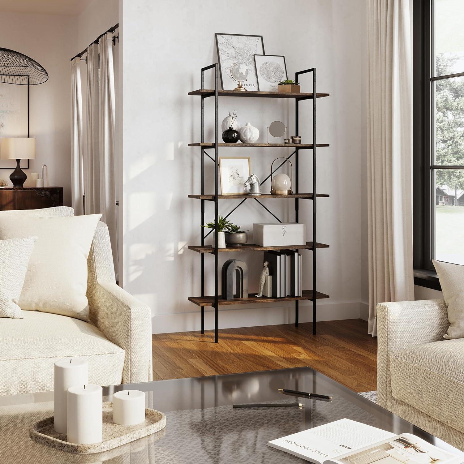 imageLavish Home 5Tier Bookshelf Open Industrial Style Etagere Wooden Shelving Freestanding Bookcase for Home or Office Brown WoodgrainSet of 2