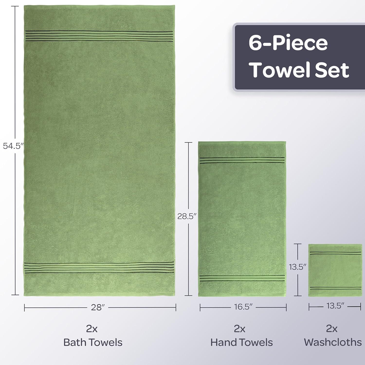 imageLavish Home 6 Piece Bathroom Towels Set 625GSM 100 Cotton Bathroom Essentials with 2 Absorbent Wash Cloths 2 Hand Cloths and 2 Bath Towel for Shower Gym Dorm and Spa GreenGreen