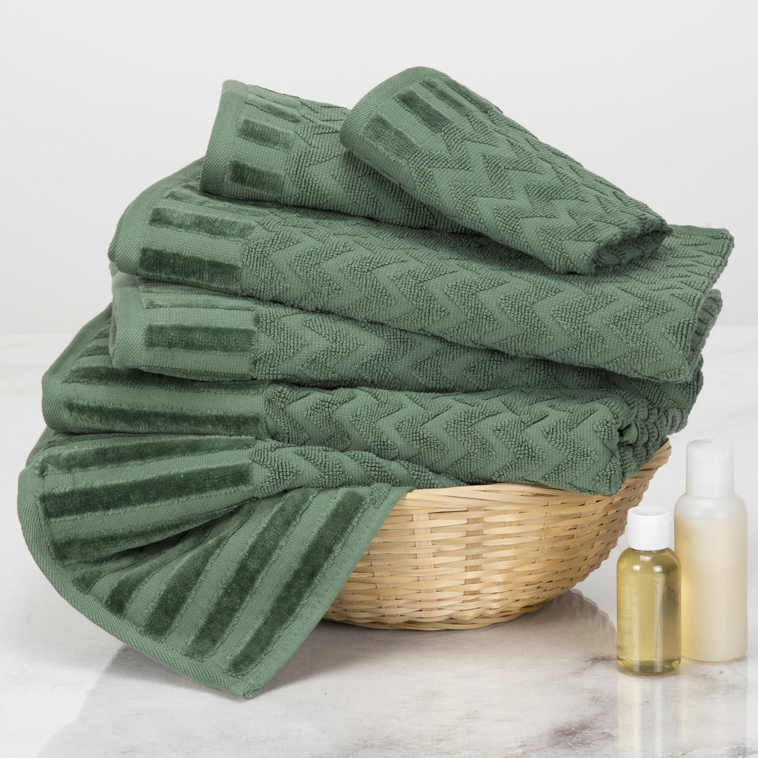 imageLavish Home 6Piece Cotton Deluxe Plush Bath Towel Set Chevron Pattern Plush Sculpted Spa Luxury Decorative Body Hand and Face Towels Green