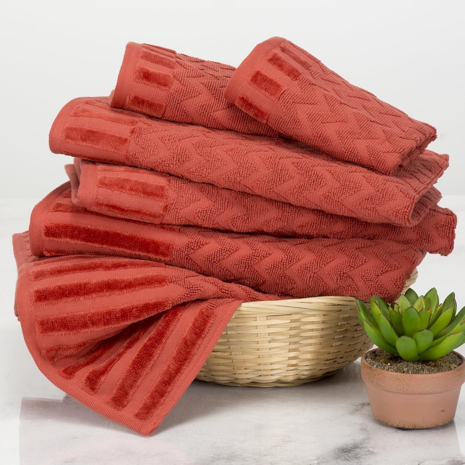 imageLavish Home 6Piece Cotton Deluxe Plush Bath Towel Set Chevron Patterned Plush Sculpted Spa Luxury Decorative Body Hand and Face Towels Brick 27quotx54quotx025quot