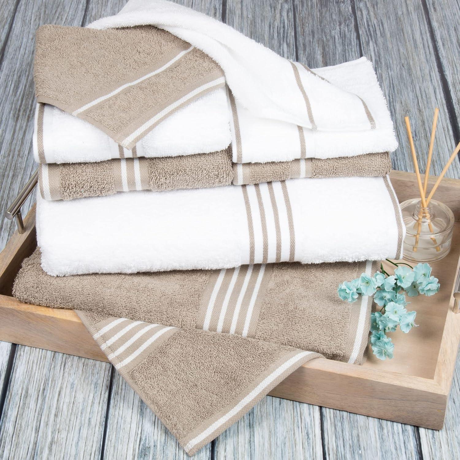imageLavish Home 8PC Bathroom Towels Set 575GSM 100 Cotton Bathroom Essentials with 2 Bath Towels 2 Hand Cloths 2 Wash Cloths and 2 Fingertip Fabric for Shower Gym Dorm and Spa SilverWhite Taupe