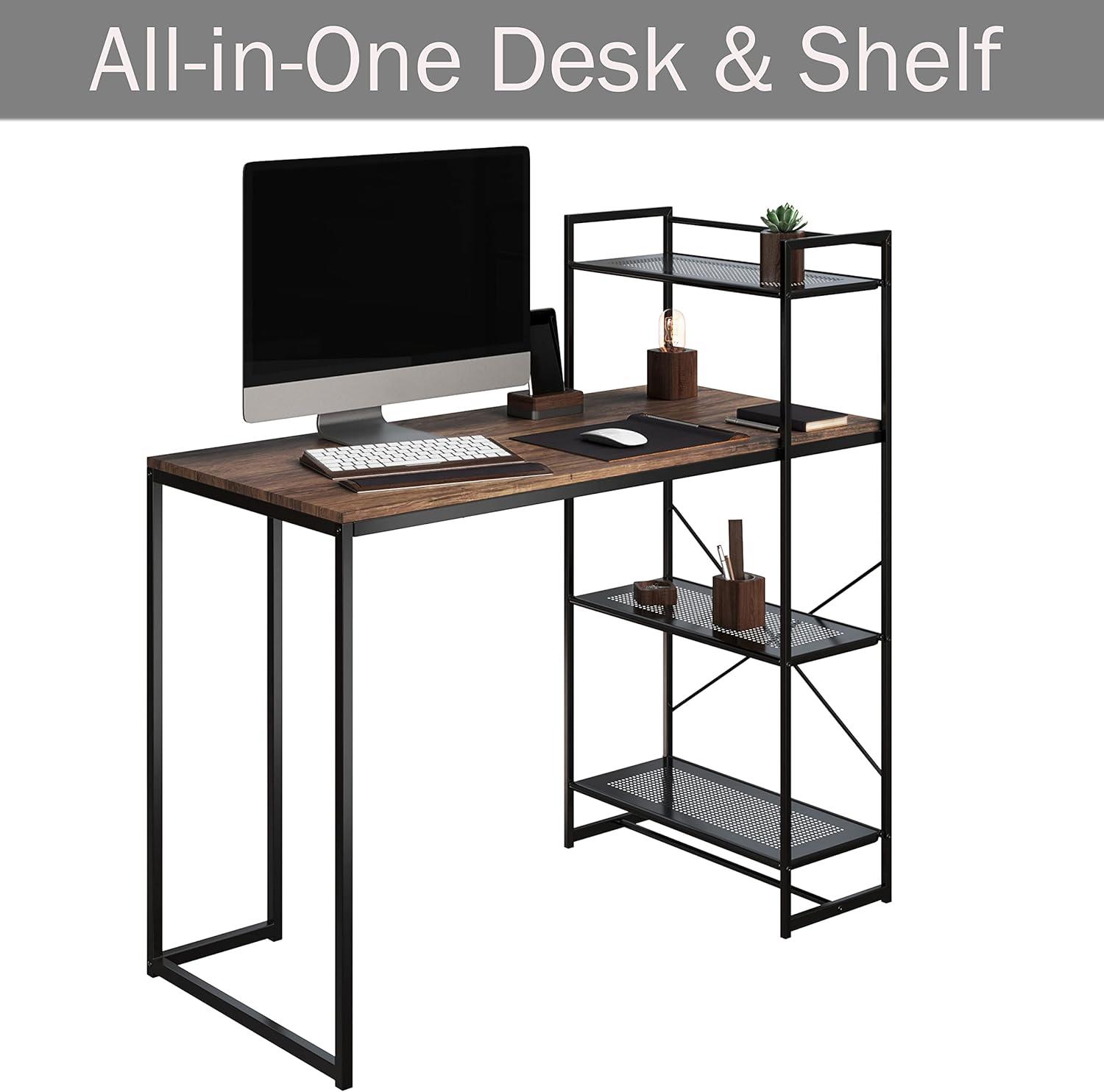 imageLavish Home AllinOne Computer Desk with Shelves Modern Industrial Style Wood and Steel for Home Office Bedroom or Craft Table