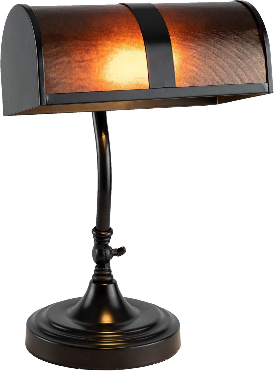 imageLavish Home Bankers Lamp Mission Style Amber Mica Shade Table or Desk Light LED Bulb Included Classic Vintage Look Accent Decor Dark Brown Black Off White 10 x 9 x 14 L x W x H