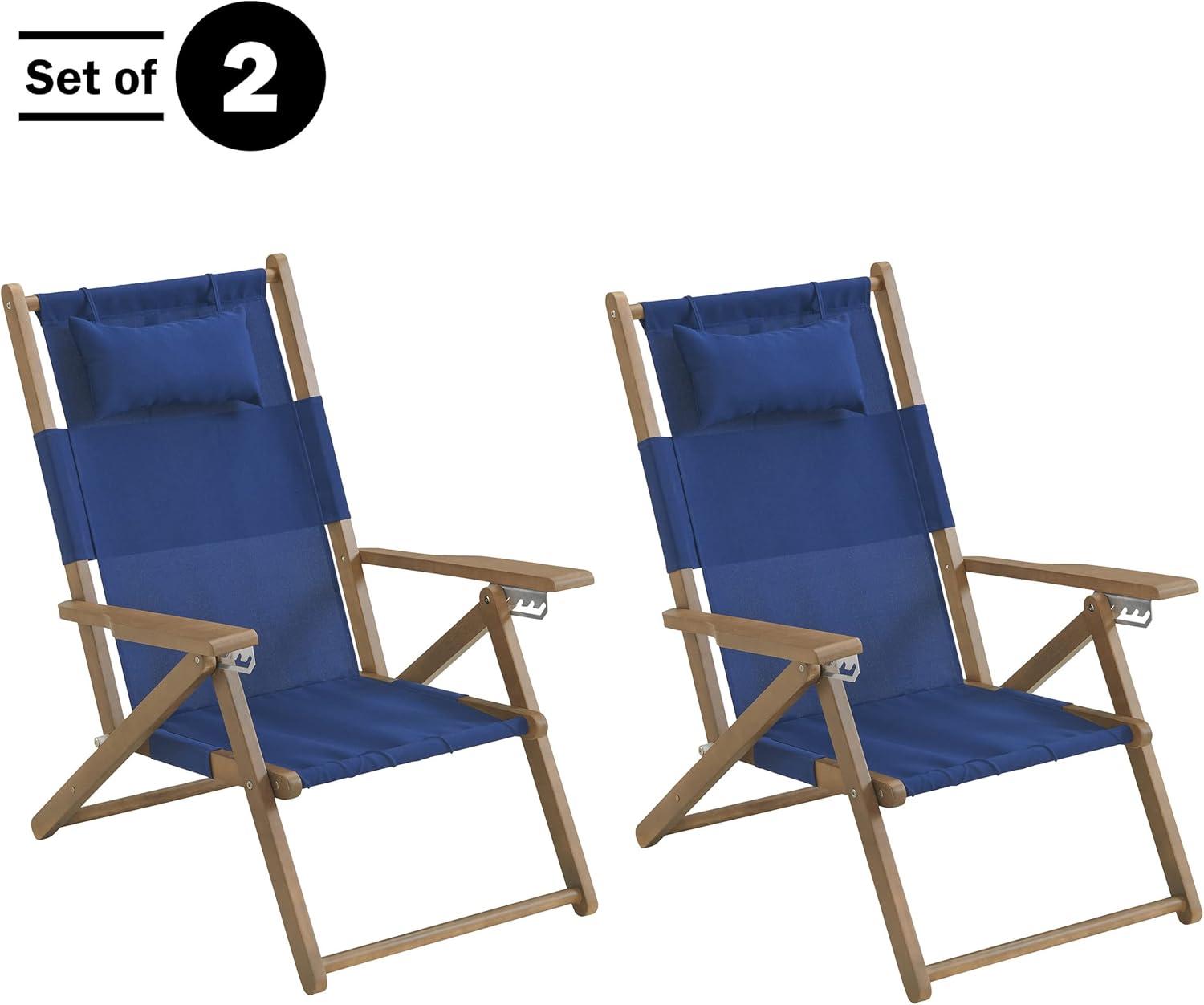 imageLavish Home Beach Chair Outdoor WeatherResistant Wood Folding Chair with Backpack Straps 4Position Reclining Seat Beach Essentials Taupe StripeBlue