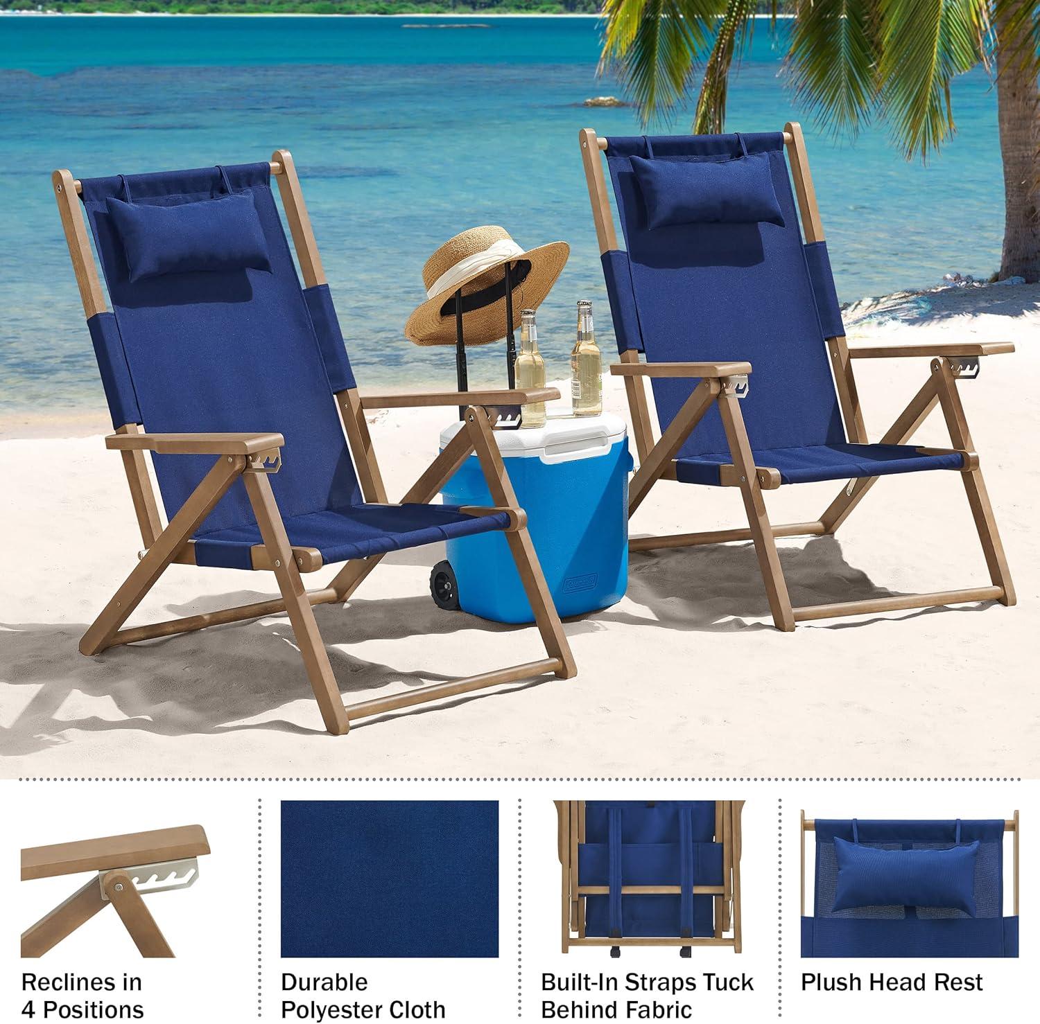 imageLavish Home Beach Chair Outdoor WeatherResistant Wood Folding Chair with Backpack Straps 4Position Reclining Seat Beach Essentials Taupe StripeBlue
