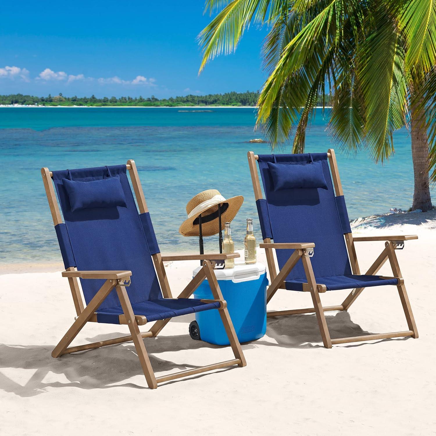imageLavish Home Beach Chair Outdoor WeatherResistant Wood Folding Chair with Backpack Straps 4Position Reclining Seat Beach Essentials Taupe StripeBlue