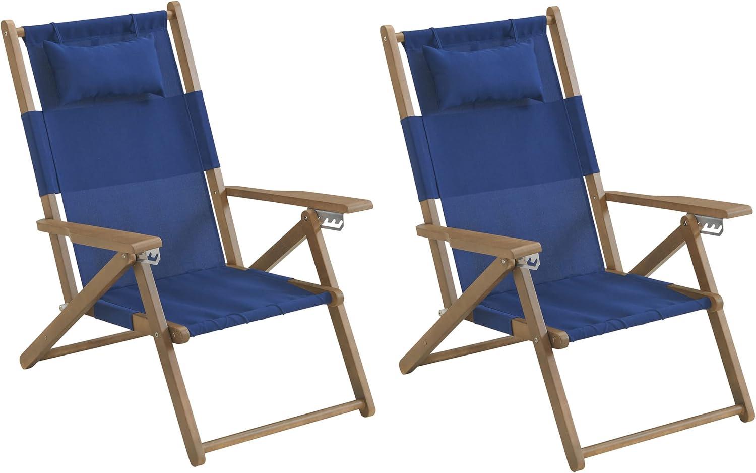 imageLavish Home Beach Chair Outdoor WeatherResistant Wood Folding Chair with Backpack Straps 4Position Reclining Seat Beach Essentials Taupe StripeBlue