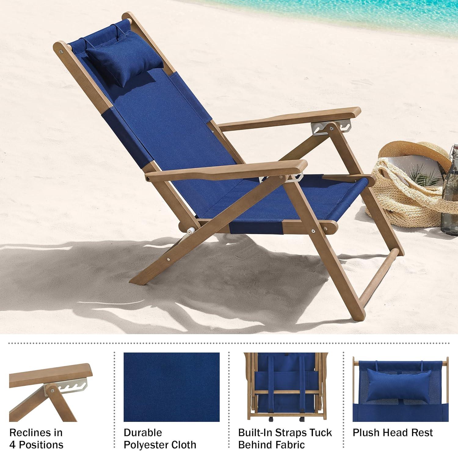imageLavish Home Beach Chair Outdoor WeatherResistant Wood Folding Chair with Backpack Straps 4Position Reclining Seat Beach Essentials Taupe StripeBlue