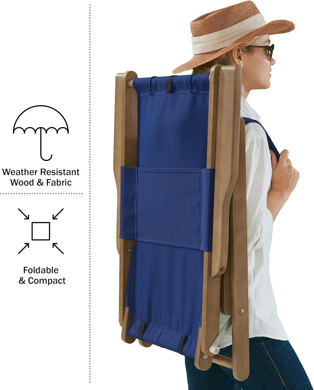 imageLavish Home Beach Chair Outdoor WeatherResistant Wood Folding Chair with Backpack Straps 4Position Reclining Seat Beach Essentials Taupe StripeBlue
