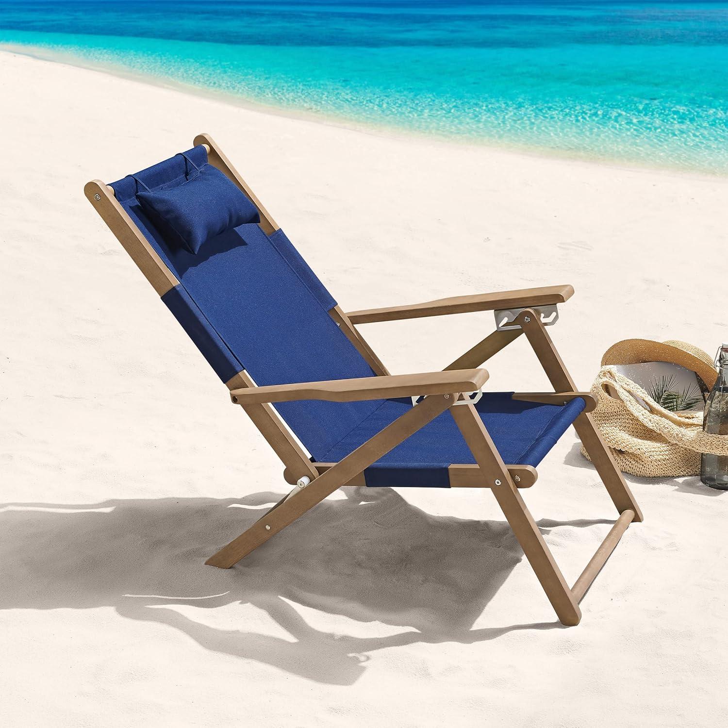 imageLavish Home Beach Chair Outdoor WeatherResistant Wood Folding Chair with Backpack Straps 4Position Reclining Seat Beach Essentials Taupe StripeBlue