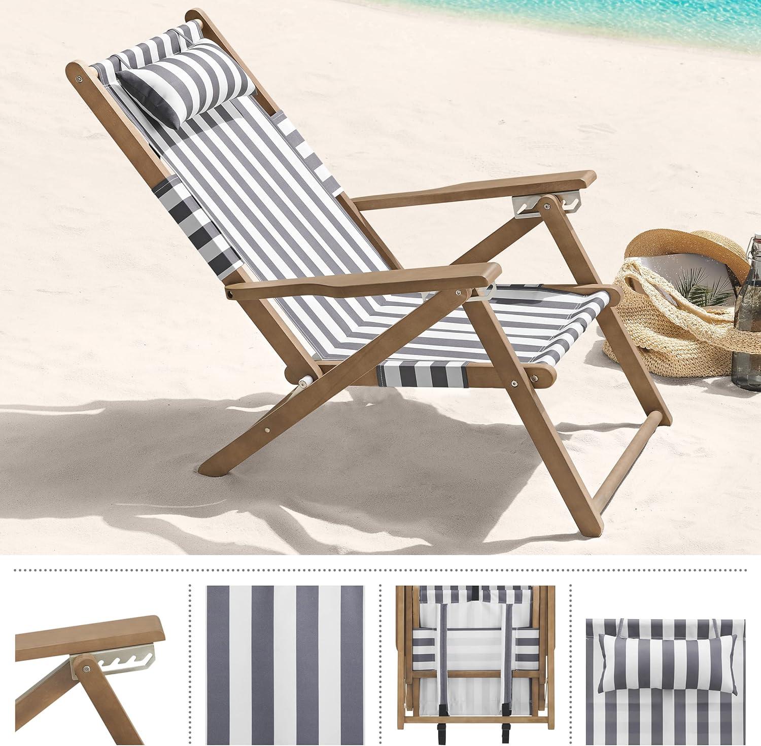 imageLavish Home Beach Chair Outdoor WeatherResistant Wood Folding Chair with Backpack Straps 4Position Reclining Seat Beach Essentials Taupe StripeGrey