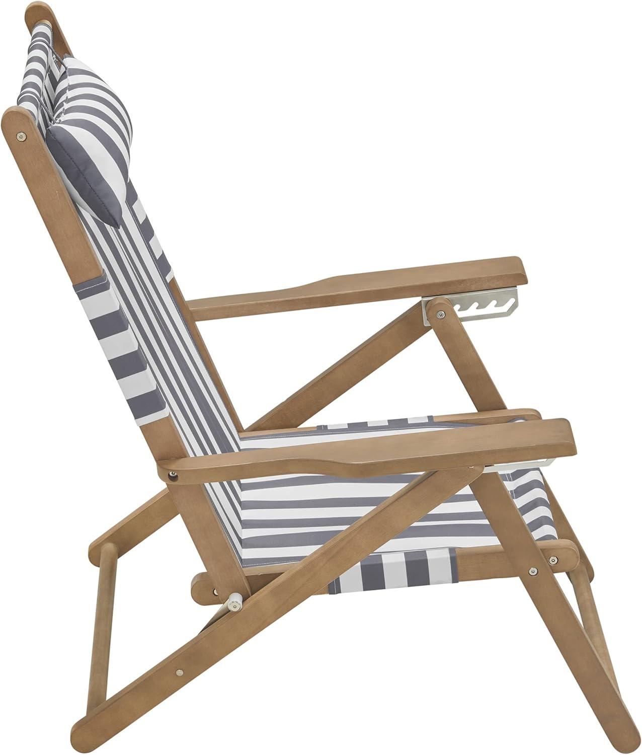 imageLavish Home Beach Chair Outdoor WeatherResistant Wood Folding Chair with Backpack Straps 4Position Reclining Seat Beach Essentials Taupe StripeGrey
