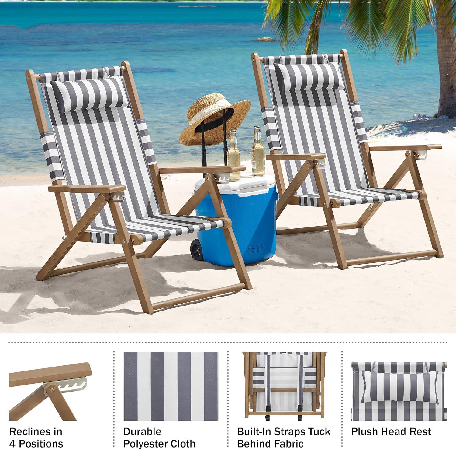 imageLavish Home Beach Chair Outdoor WeatherResistant Wood Folding Chair with Backpack Straps 4Position Reclining Seat Beach Essentials Taupe StripeGrey