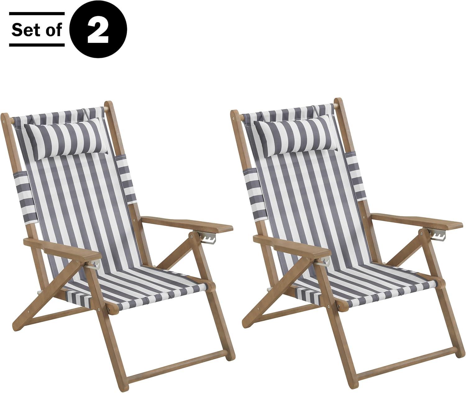imageLavish Home Beach Chair Outdoor WeatherResistant Wood Folding Chair with Backpack Straps 4Position Reclining Seat Beach Essentials Taupe StripeGrey