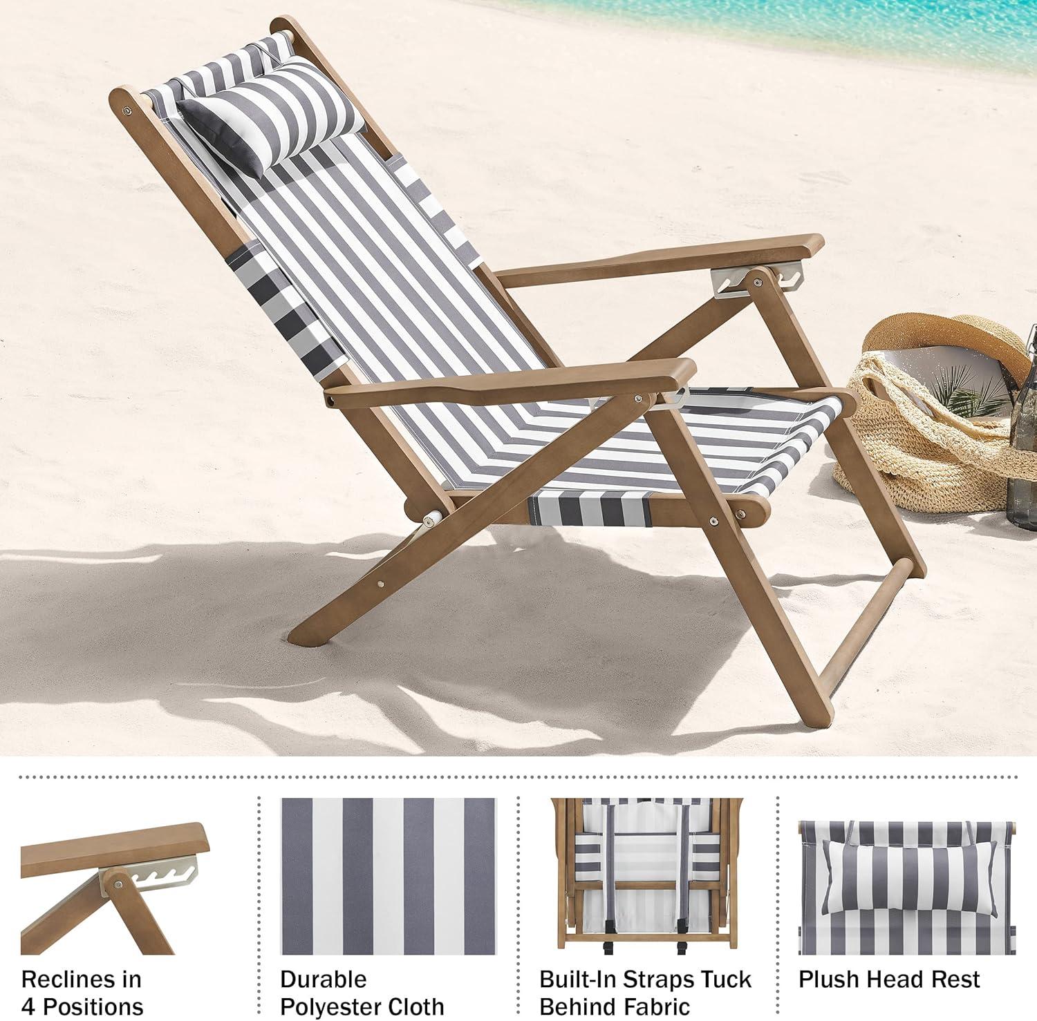 imageLavish Home Beach Chair Outdoor WeatherResistant Wood Folding Chair with Backpack Straps 4Position Reclining Seat Beach Essentials Taupe StripeGrey