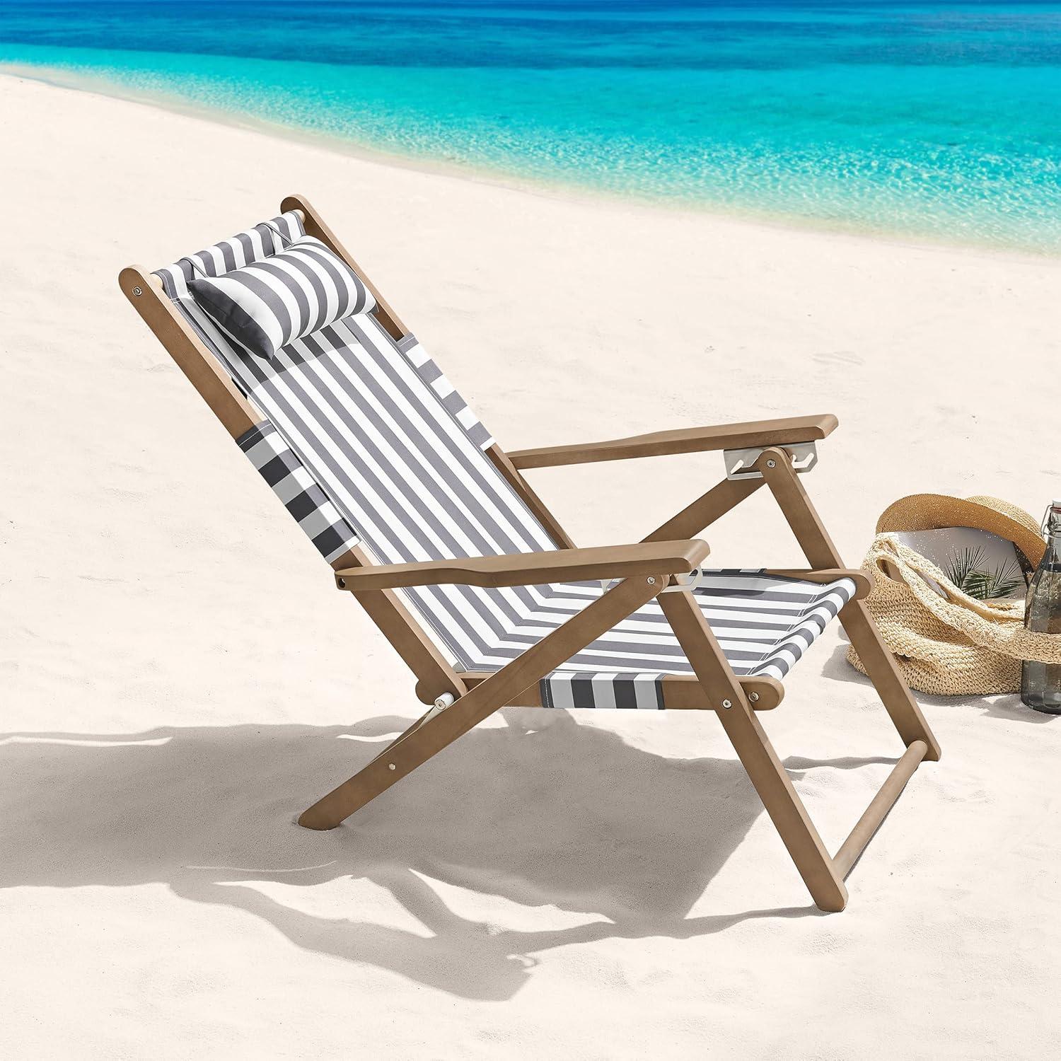 imageLavish Home Beach Chair Outdoor WeatherResistant Wood Folding Chair with Backpack Straps 4Position Reclining Seat Beach Essentials Taupe StripeGrey