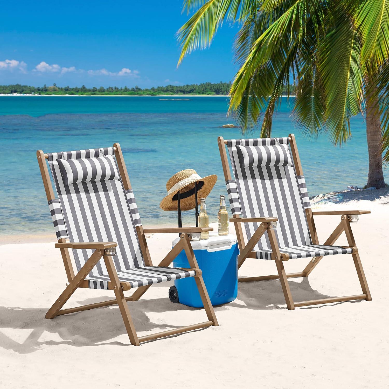 imageLavish Home Beach Chair Outdoor WeatherResistant Wood Folding Chair with Backpack Straps 4Position Reclining Seat Beach Essentials Taupe StripeGrey