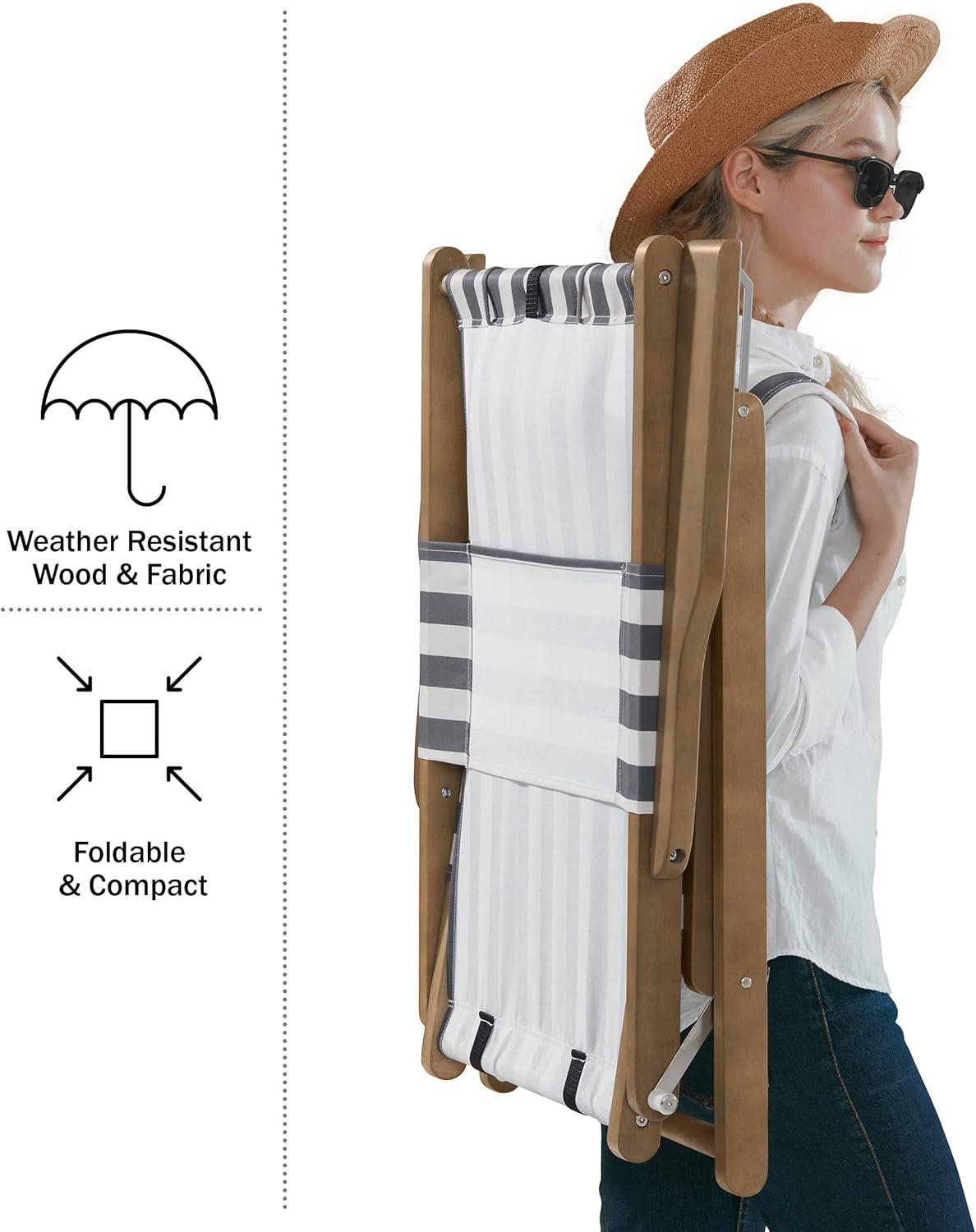 imageLavish Home Beach Chair Outdoor WeatherResistant Wood Folding Chair with Backpack Straps 4Position Reclining Seat Beach Essentials Taupe StripeGrey