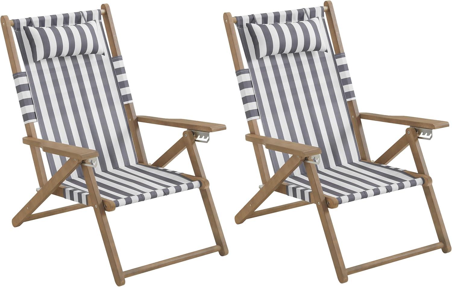 imageLavish Home Beach Chair Outdoor WeatherResistant Wood Folding Chair with Backpack Straps 4Position Reclining Seat Beach Essentials Taupe StripeGrey