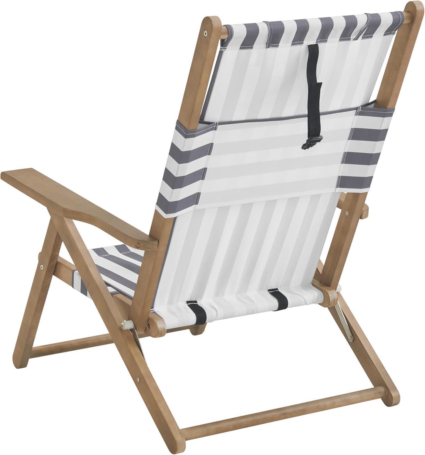 imageLavish Home Beach Chair Outdoor WeatherResistant Wood Folding Chair with Backpack Straps 4Position Reclining Seat Beach Essentials Taupe StripeGrey