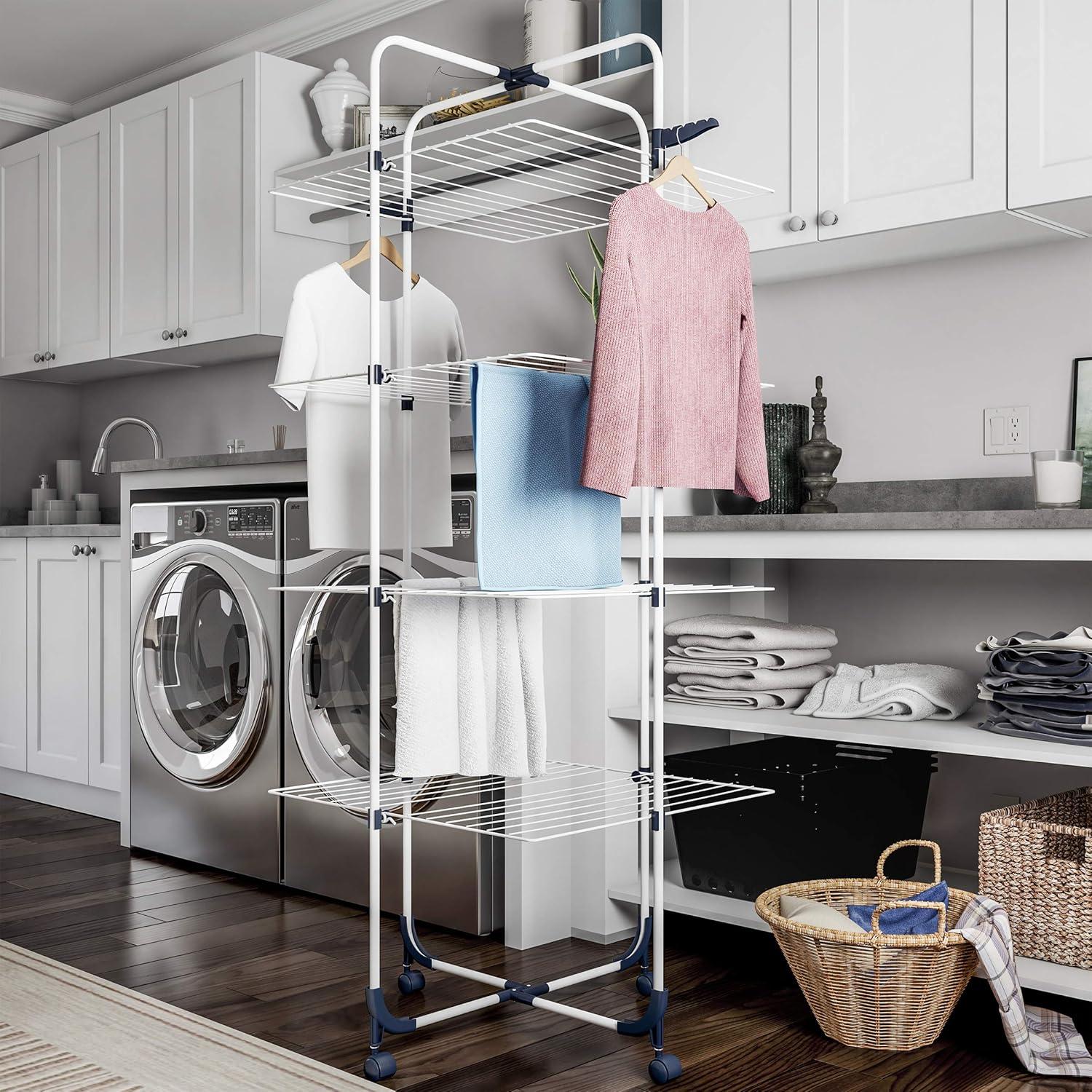imageLavish Home Clothes Drying Rack 4Tiered Laundry Station with Collapsible Shelves and Wheels for Folding Sorting and Air Drying Garments