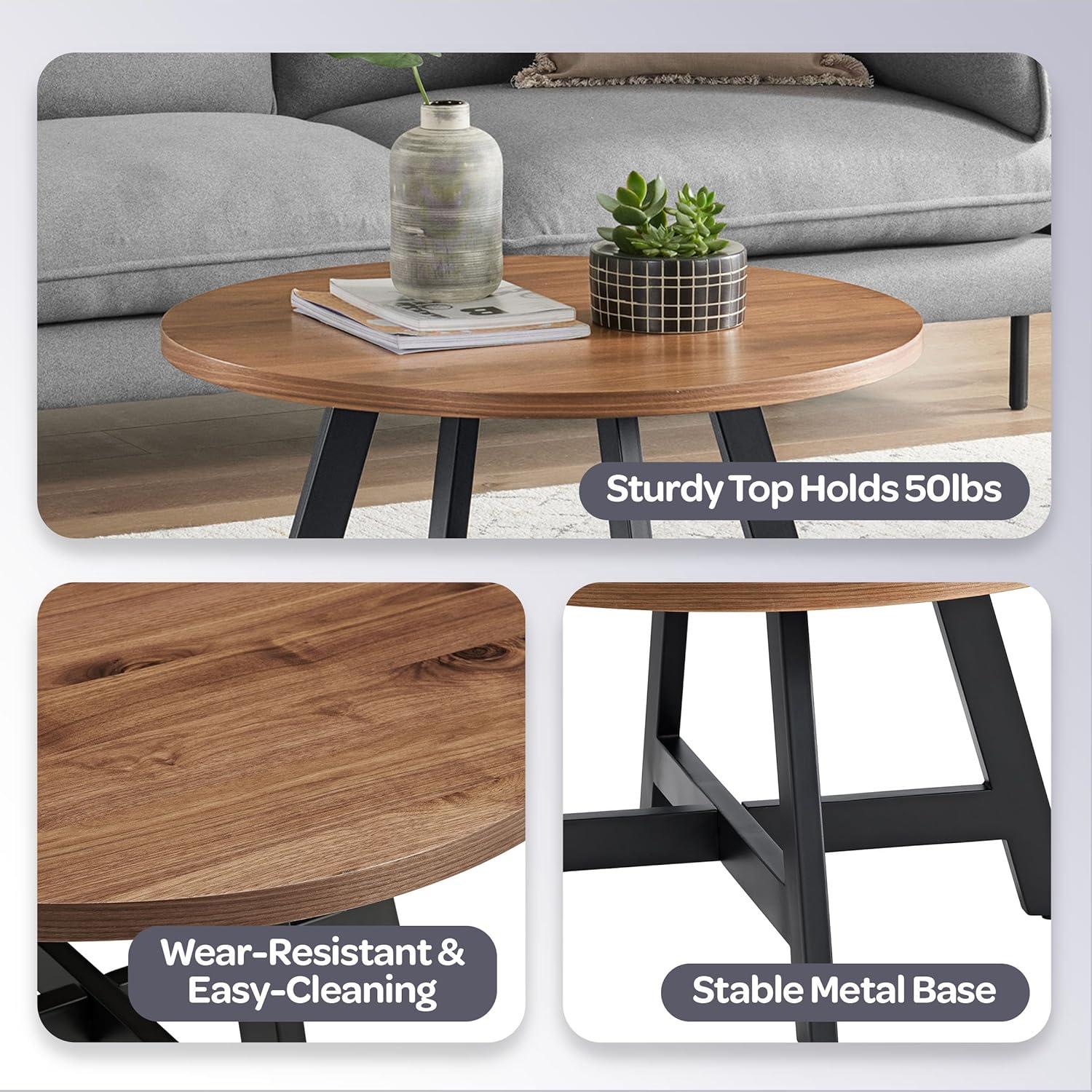imageLavish Home Coffee Table Industrial Modern Round Table with Wood Top and Metal Base Furniture for Living Room Apartment or Dorm Room Walnut