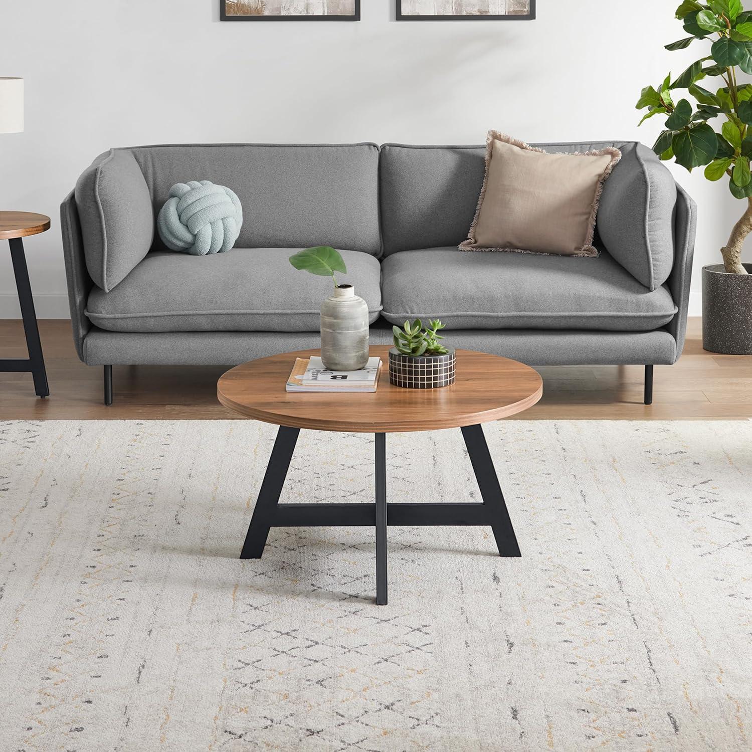 imageLavish Home Coffee Table Industrial Modern Round Table with Wood Top and Metal Base Furniture for Living Room Apartment or Dorm Room Walnut