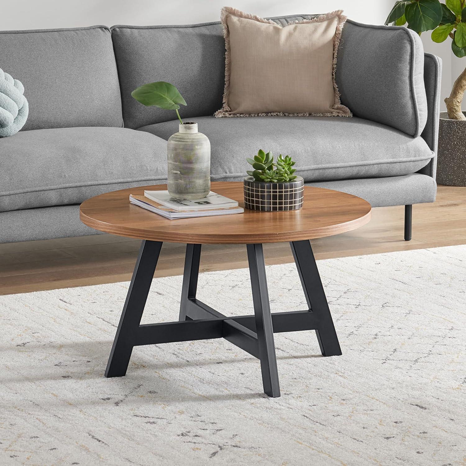 imageLavish Home Coffee Table Industrial Modern Round Table with Wood Top and Metal Base Furniture for Living Room Apartment or Dorm Room Walnut