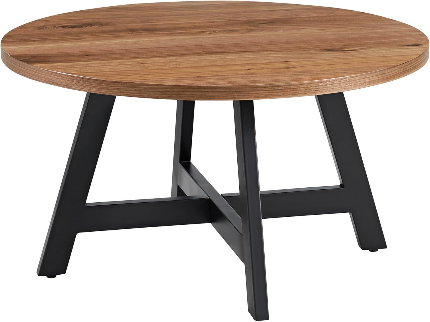 imageLavish Home Coffee Table Industrial Modern Round Table with Wood Top and Metal Base Furniture for Living Room Apartment or Dorm Room Walnut