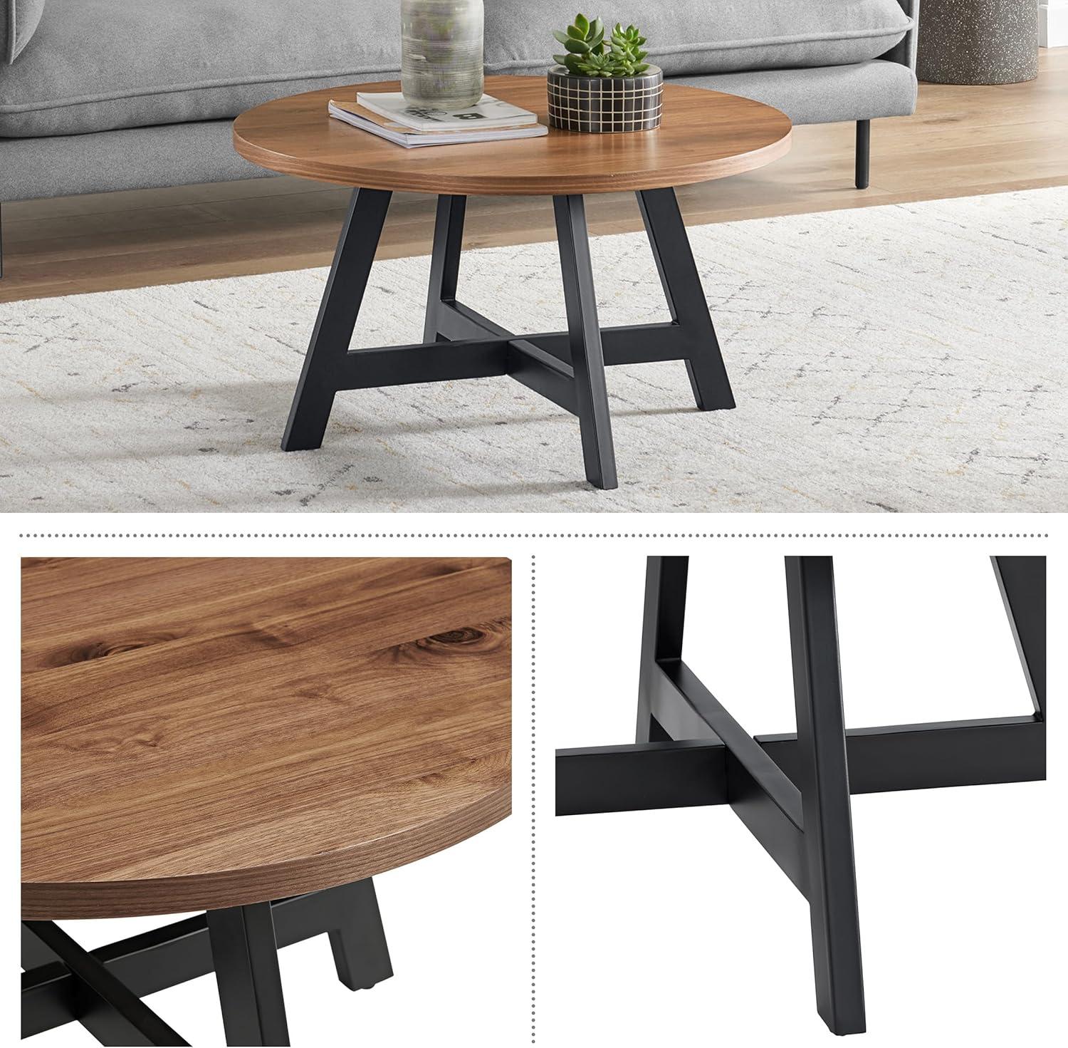 imageLavish Home Coffee Table Industrial Modern Round Table with Wood Top and Metal Base Furniture for Living Room Apartment or Dorm Room Walnut