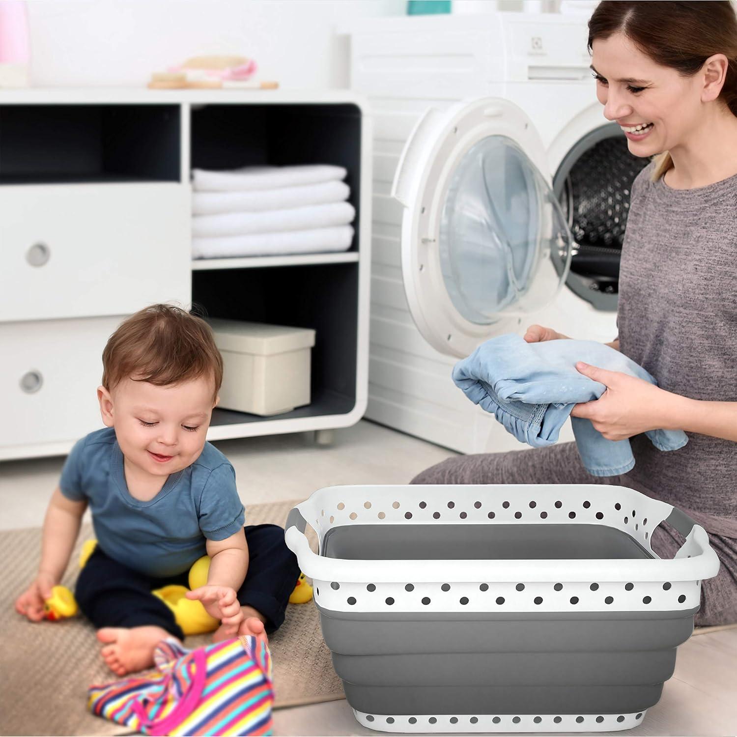 imageLavish Home Collapsible Plastic Laundry Basket SpaceSaving Portable Clothes Hamper with Comfort Grip Handles for Laundry Room Organization and Storage Gray