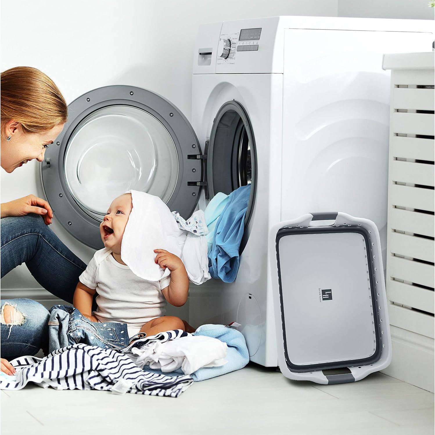 imageLavish Home Collapsible Plastic Laundry Basket SpaceSaving Portable Clothes Hamper with Comfort Grip Handles for Laundry Room Organization and Storage Gray