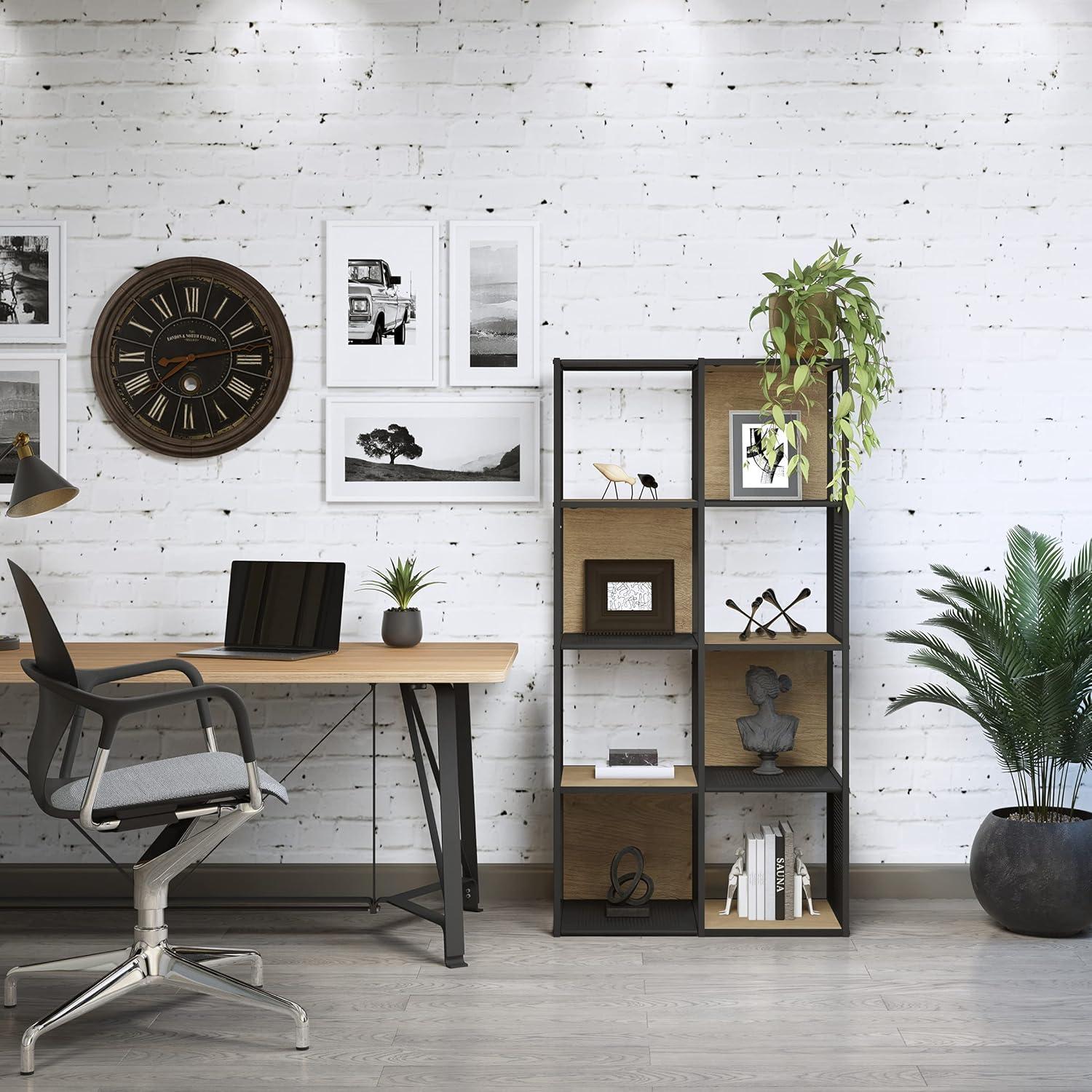 imageLavish Home Cube Storage Organizer IndustrialStyle Wood and Metal Shelving Unit Freestanding Bookshelf for The Home or Office Oak and Black