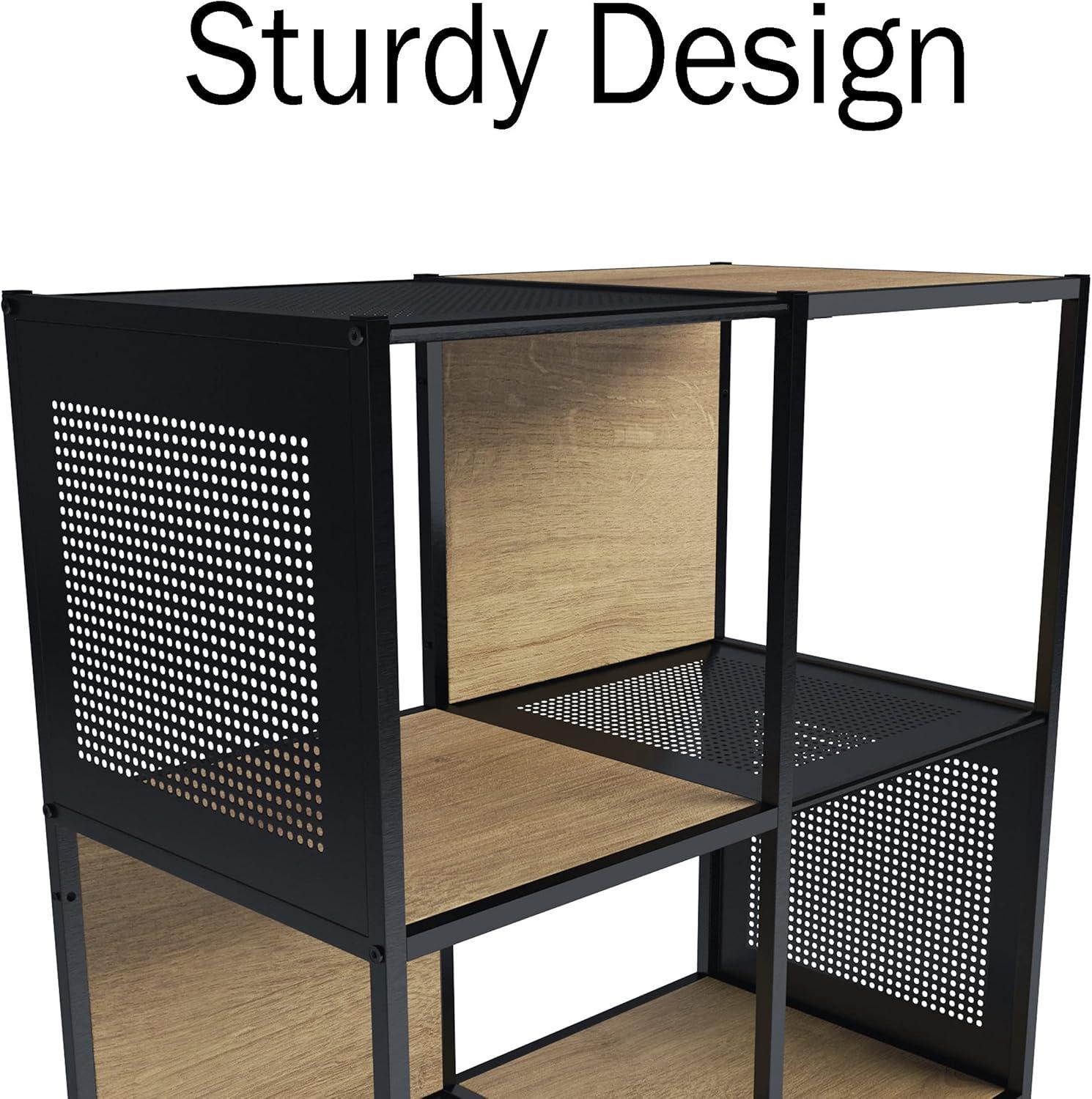 imageLavish Home Cube Storage Organizer IndustrialStyle Wood and Metal Shelving Unit Freestanding Bookshelf for The Home or Office Oak and Black