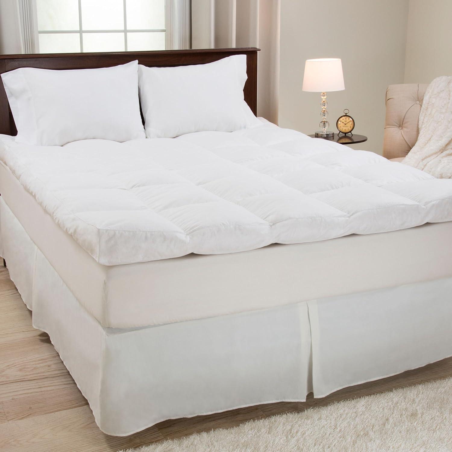 imageLavish Home Down Mattress Topper Queen 2Inch 100 Duck Feather Gusset Bed with 233Thread Count Cotton Mattress Topper Cover Plush Pillow Top for Cushion and Support White