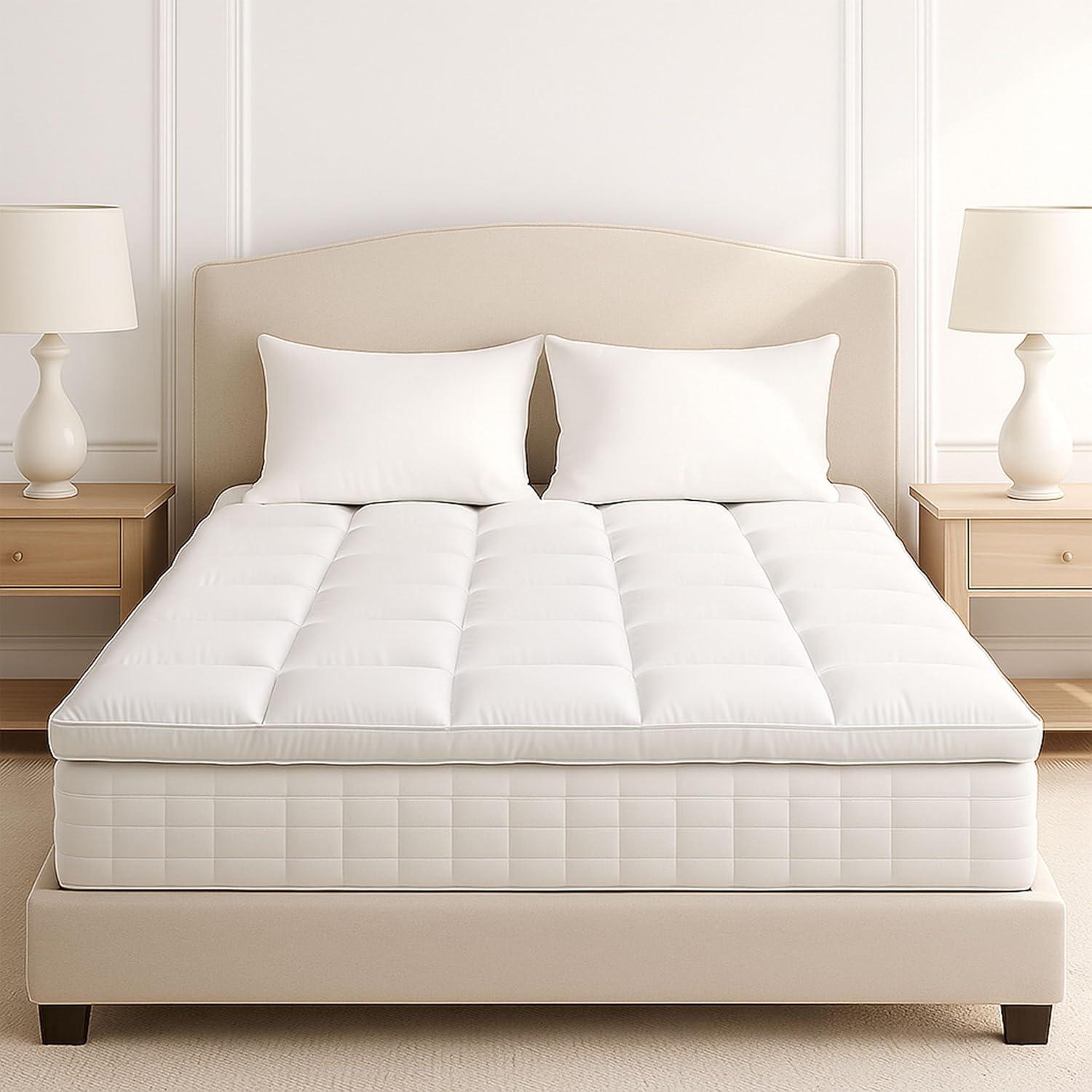 imageLavish Home Down Mattress Topper Queen 4Inch Duck and Goose Feather Bed with Cotton Mattress Topper Cover Plush Pillow Top for Cushion and Support WhiteWhite