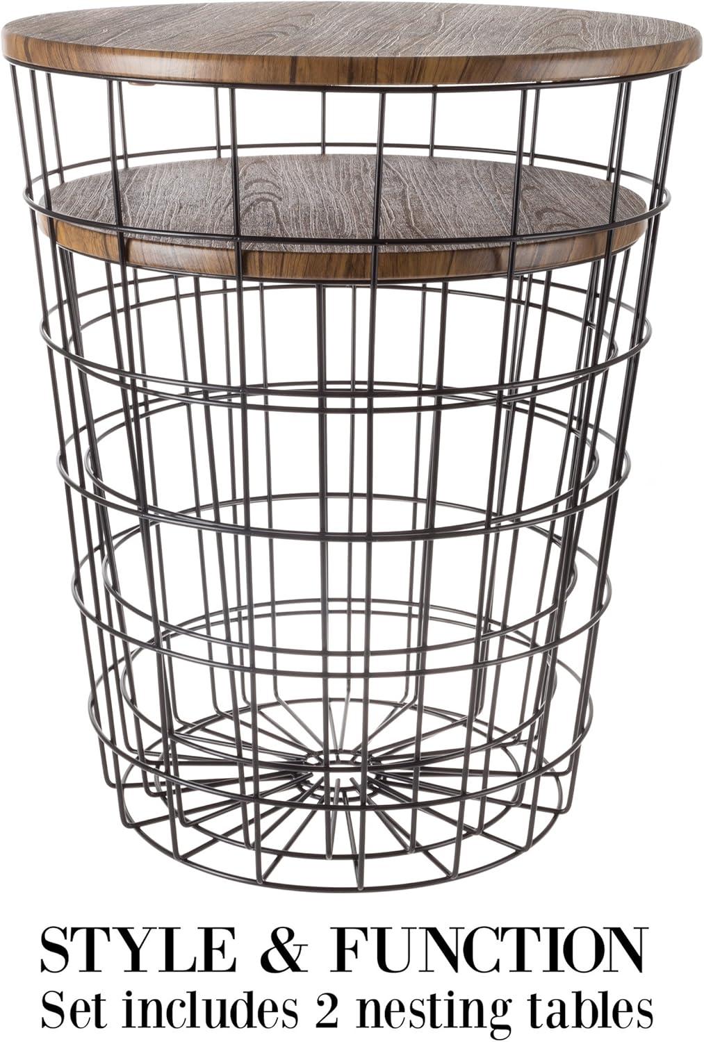 imageLavish Home End Tables Set of 2 Nesting Tables with Removable Wood Tops and Metal Basket Bases for Blanket Storage Round Side Pieces for Living Room Bedroom or Home Office BrownBlackRound Brown