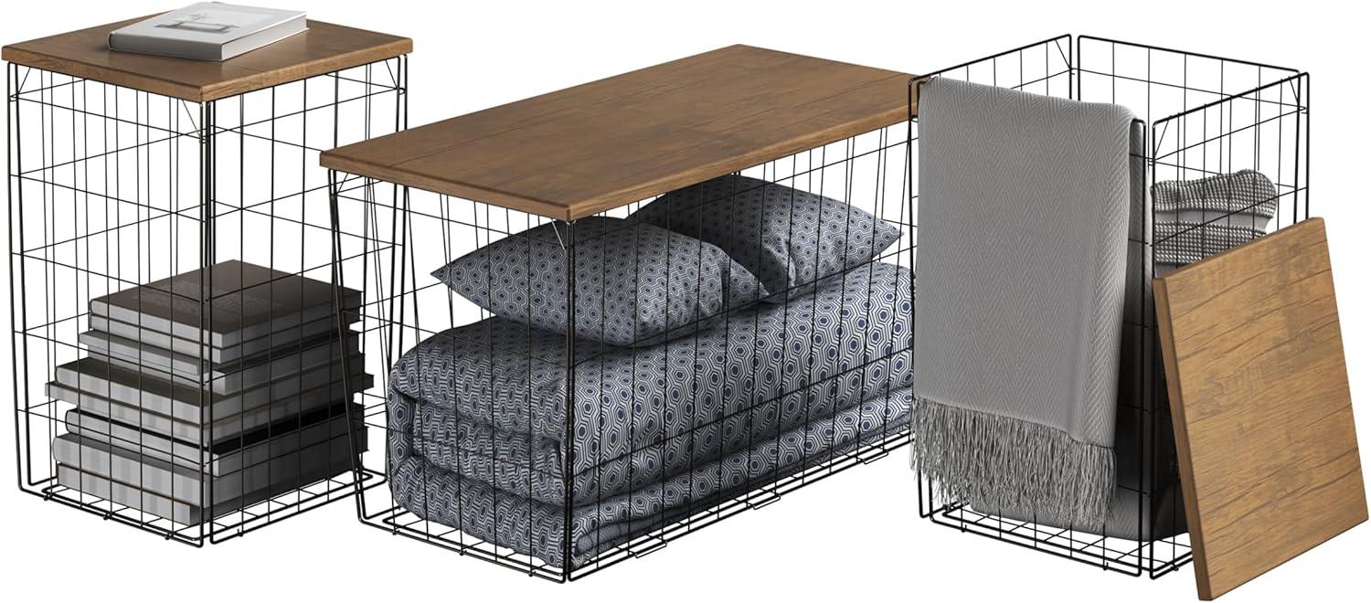 imageLavish Home End Tables Set of 2 Nesting Tables with Removable Wood Tops and Metal Basket Bases for Blanket Storage Round Side Pieces for Living Room Bedroom or Home Office BrownBlackBrown Square 3