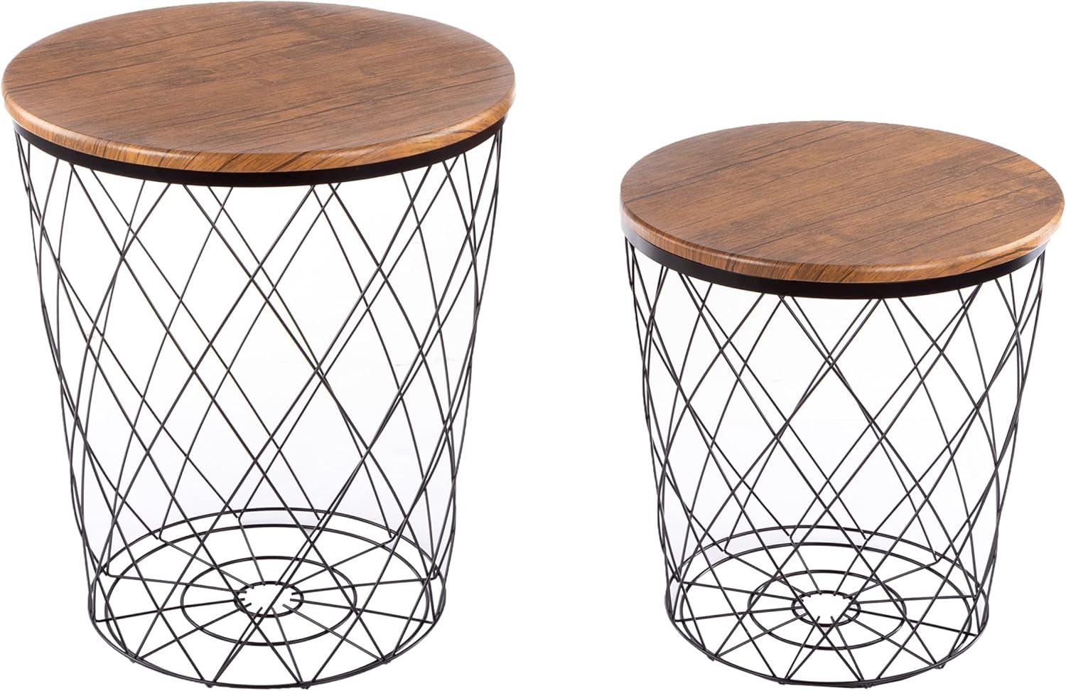 imageLavish Home End Tables Set of 2 Nesting Tables with Removable Wood Tops and Metal Basket Bases for Blanket Storage Round Side Pieces for Living Room Bedroom or Home Office BrownBlackBlack Diamond