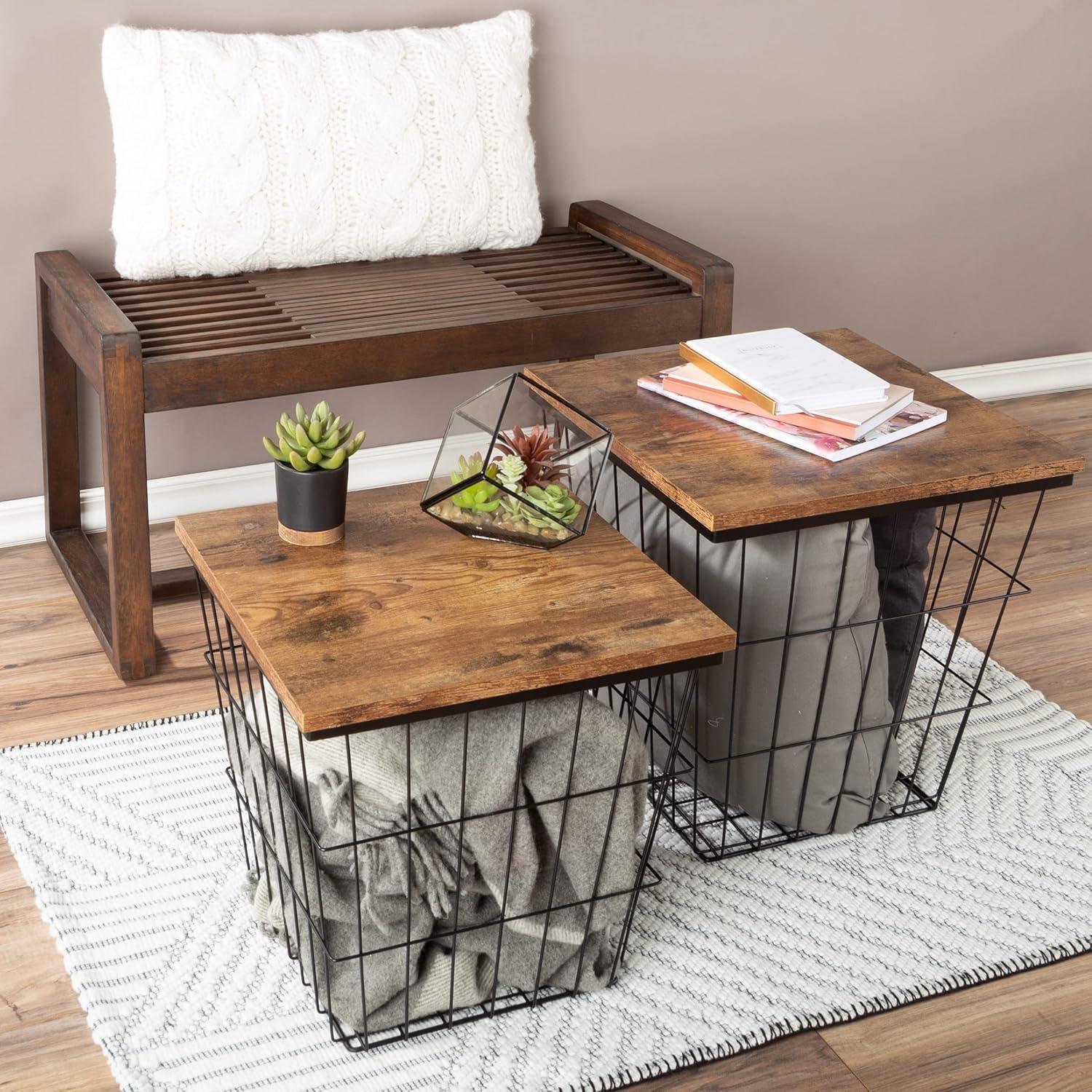 imageLavish Home End Tables Set of 2 Nesting Tables with Removable Wood Tops and Metal Basket Bases for Blanket Storage Round Side Pieces for Living Room Bedroom or Home Office BrownBlackBrown Square 2