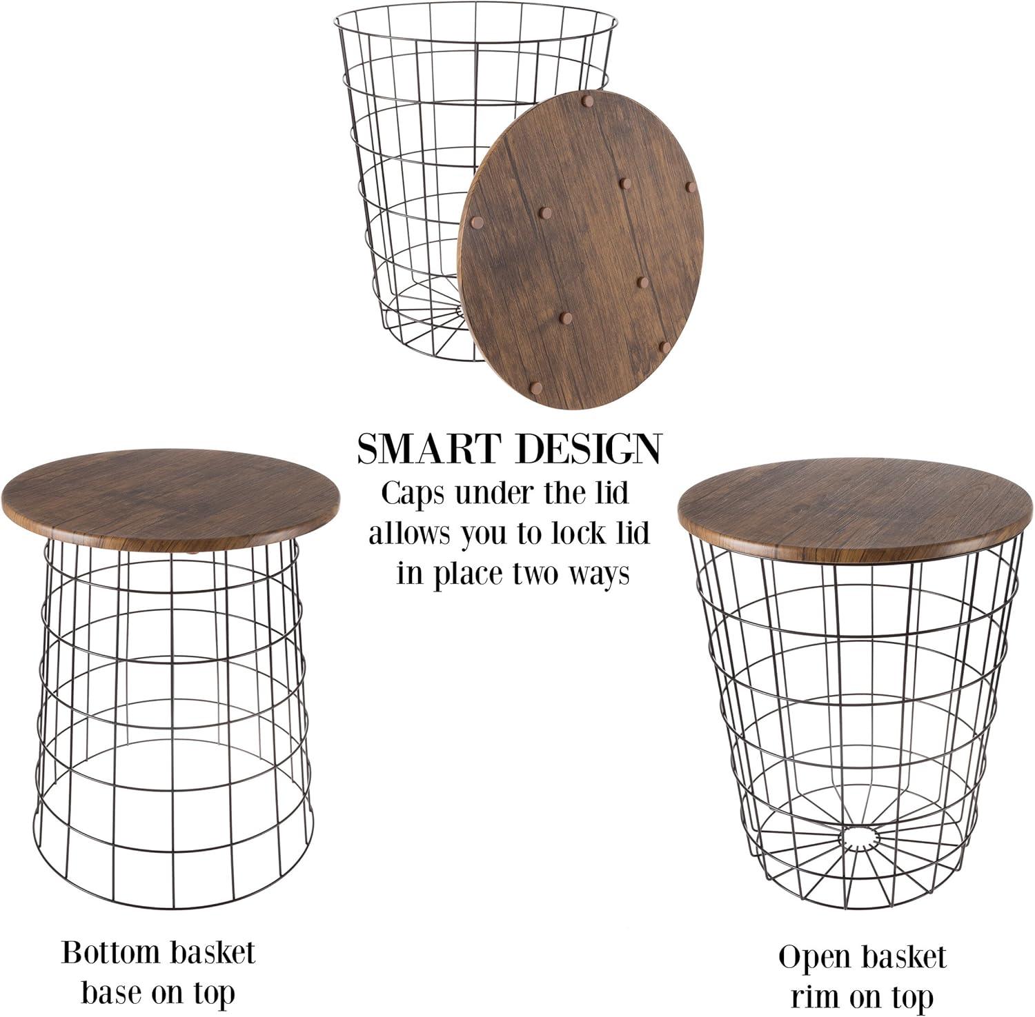 imageLavish Home End Tables Set of 2 Nesting Tables with Removable Wood Tops and Metal Basket Bases for Blanket Storage Round Side Pieces for Living Room Bedroom or Home Office BrownBlackRound Brown
